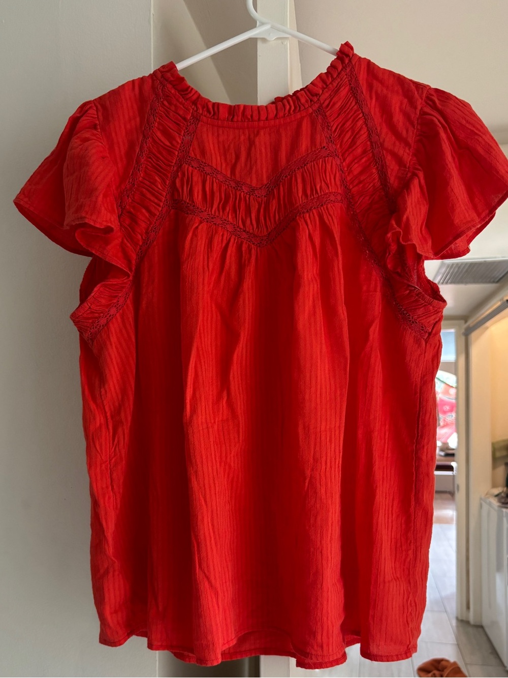 LOFT Red Flutter-Sleeve Smocked Blouse